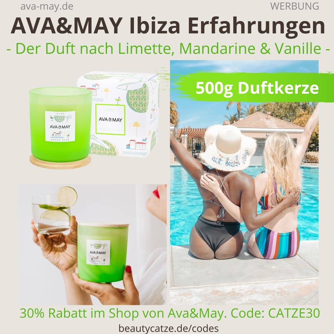 IBIZA AVA and MAY 500g Duftkerze Geruch Beach Club grünes Glas Duft Limette, Mandarine Vanille