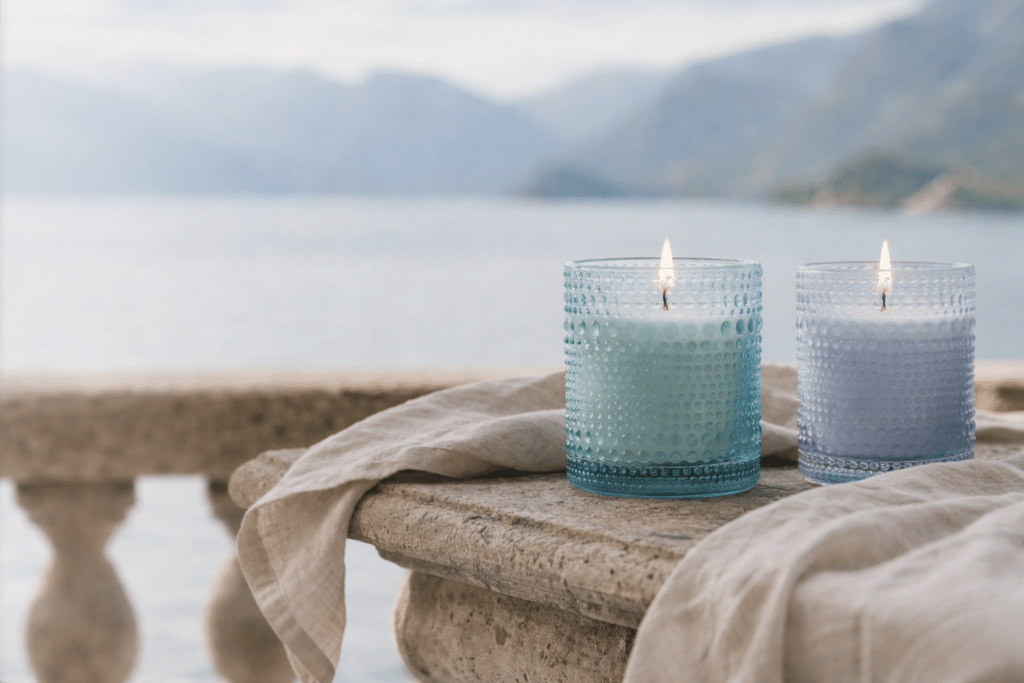 Lake Garda Duftkerzen von AVA & MAY am Seeufer – frischer Duft nach Grünem Tee, Gurke und Maiglöckchen