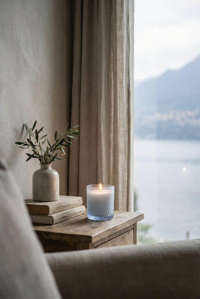Lake Garda Duftkerze von AVA & MAY auf Holzkommode am Fenster mit Seeblick – frischer Raumduft aus Grünem Tee, Gurke und Maiglöckchen