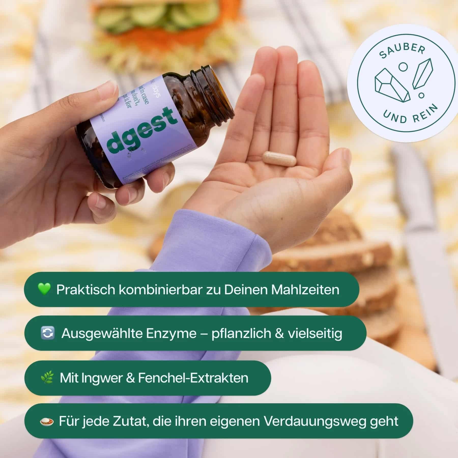 everydays dgest Einnahme – pflanzliche Verdauungsenzyme mit Ingwer und Fenchel-Extrakt zur Mahlzeit